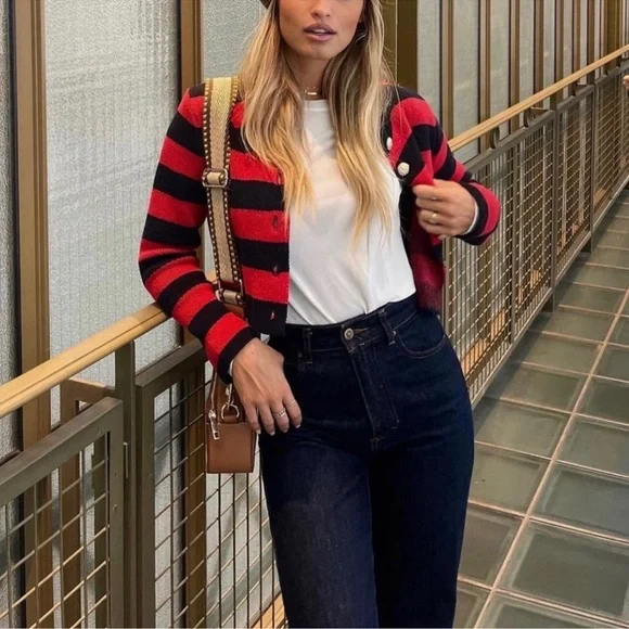 ZARA Striped Cardigan with Gold Buttons - Picture 8 of 9